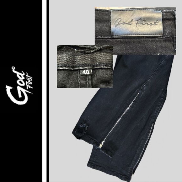 God First Men’s Distressed Black Jeans with‎ Zippers - Size 40 - Picture 3 of 3
